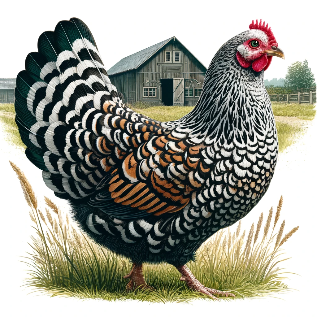 The Sussex Chicken - A vivid and detailed illustration of a Sussex chicken. The chicken has a striking pattern of white, black, and brown feathers, typical of the Speckled (1)