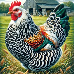 The Sussex Chicken - A vivid and detailed illustration of a Sussex chicken. The chicken has a striking pattern of white, black, and brown feathers, typical of the Speckled (1)