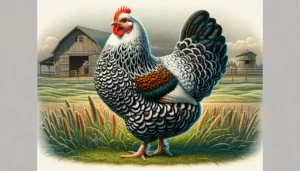 The Sussex Chicken - A vivid and detailed illustration of a Sussex chicken. The chicken has a striking pattern of white, black, and brown feathers, typical of the Speckled (1)